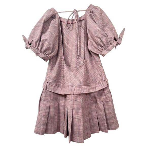 Free People Plaid Pleated Mini Dress Women's XL Drop Waist Belt Light Academia - Picture 5 of 8